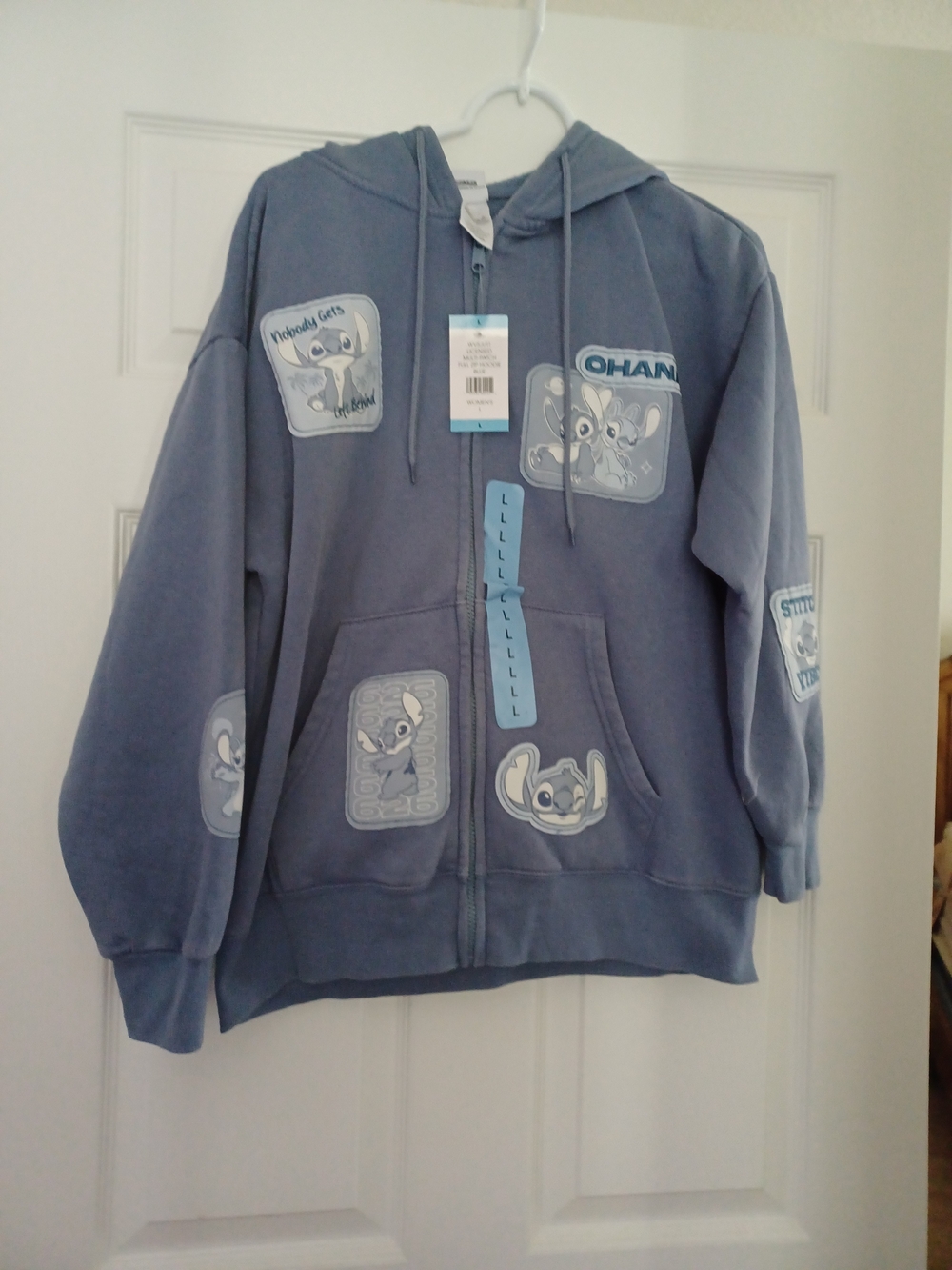 Womens Size L NWT Blue Stitch Zip-Up Hoodie with Character Patches